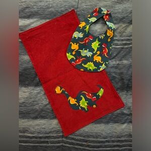 Red dinosaur handmade bib & burp cloth set